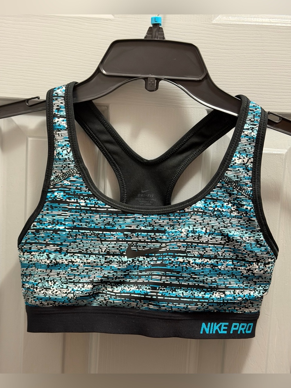 Nike Pro Sports Bra Black Blue 80s Print Racerback Wireless Removable Pads Small